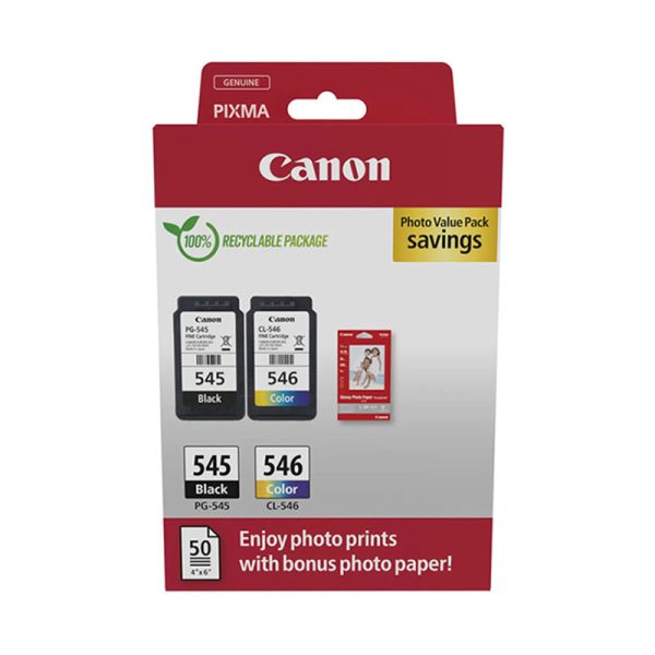 Canon OEM 1xPG-545, 1xCL-546, Photo Paper Ink Pack (8287B008)